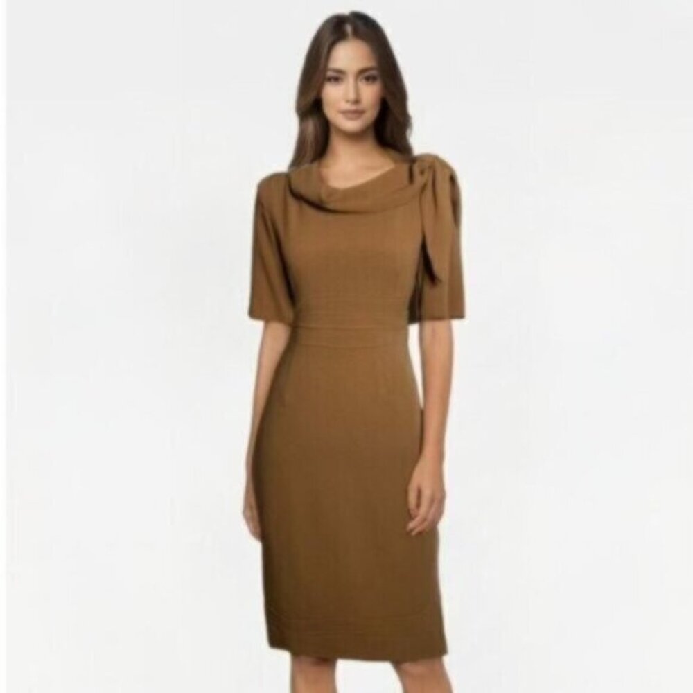 Suite 7 Elegant Camel Cowl Neckline with Shoulder Bow Sheath Dress